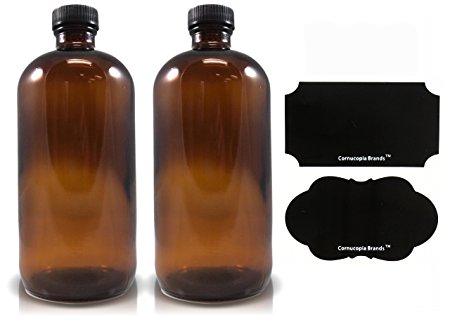 16oz Amber Glass Bottle with Reusable Chalk Labels and Lids (2 Pack), Refillable Glass Bottles, with Black Screw On Lid