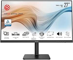 MSI Modern MD272P, 27" Monitor, 1920 x 1080 (FHD), IPS, 75Hz, TUV Certified Eyesight Protection, 5ms, HDMI, Displayport, USB C, Tilt, Swivel, Height Adjustable, Pivot,Black