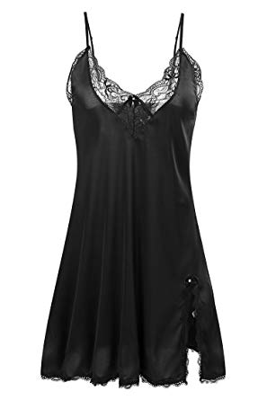 Ekouaer Sleepwear Satin Lace Chemise Nightgown Sexy Lingerie Silk Negligee Sling Nightshirt Night Slips for Women XS-XXL