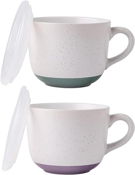 AmorArc Ceramic Soup Mugs with Lid, 24 oz Soup Cups with Hanlde for Coffee, Cereal, Salad, Noodles, Tea, Soup Bowls Cups, Microwave&Dishwasher Safe, Set of 2, Speckled Outside with Vented Lid