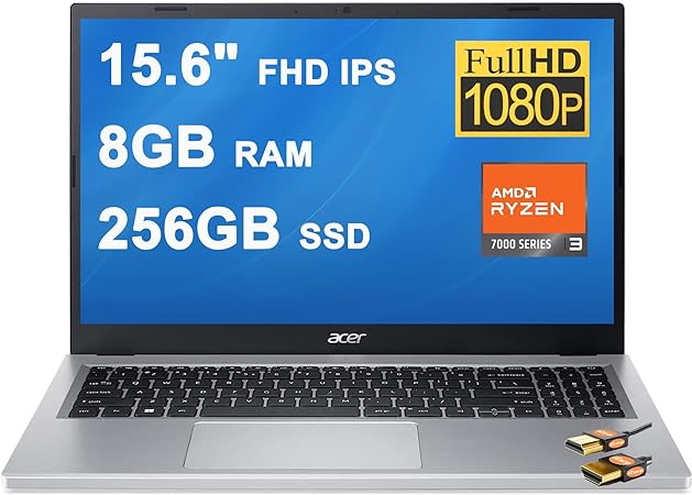 acer Aspire 3 Thin and Light Business Laptop Computer 15.6" FHD IPS Display AMD Quad-core Ryzen 3 7320U Processor 8GB RAM 256GB SSD AMD Radeon 610M Graphics USB-C Win11 Silver   HDMI Cable