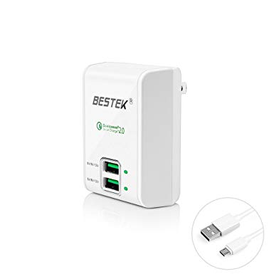 BESTEK Wall Charer Quick Charge 2.0 Dual USB Ports, 30W Charger for iPhone, iPad, Samsung Galaxy, HTC Nexus Moto Blackberry, Bluetooth Speaker Headset