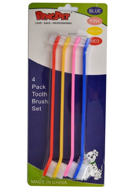 PUPTECK Dog Cat Dual Double Headed Toothbrush Kit 8.8 inch with Soft Bristles Puppy Teeth Cleaning Dental Care for Small Large Pet,4-Pack