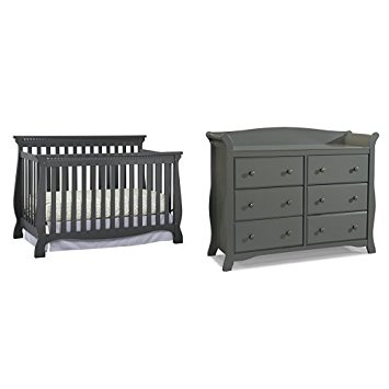 Stork Craft Venetian Convertible Crib, Gray and Avalon 6 Drawer Universal Dresser, Gray