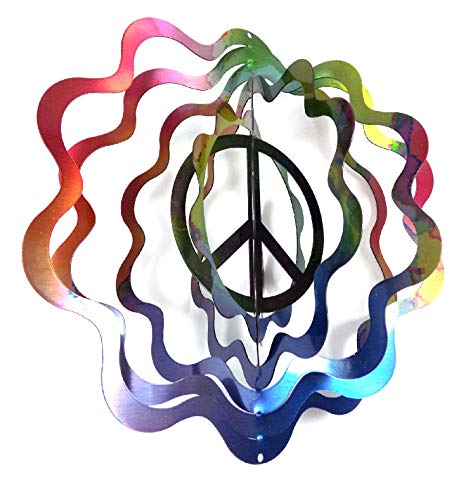 WorldaWhirl Whirligig 3D Wind Spinner Hand Painted Stainless Steel Twister Peace Sign (12" Inch, Multi Color)