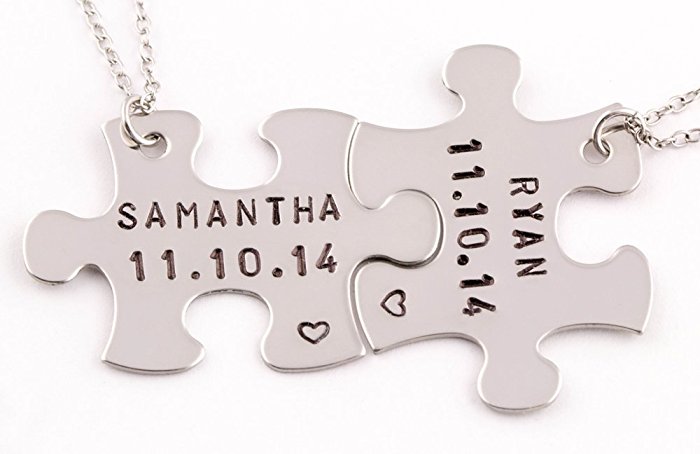 2 Piece Personalized Anniversary Date Necklace Set | Interlocking Puzzle Piece | Stainless Steel