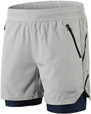 ARSUXEO Men's 2 in 1 Active Running Shorts with 2 Zipper Pockets B191