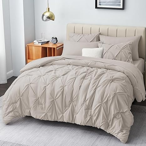 CozyLux King Size Comforter Set - 7 Pieces Comforters King Size Beige, Pintuck Bed in A Bag Pinch Pleat Bedding Sets with All Season Comforter, Flat Sheet, Fitted Sheet and Pillowcases & Shams