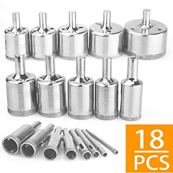 Diamond Hole Saws,18Pcs Diamond Drill Bits Hollow Core Drill Bits Set Extractor Remover Tools for Glass,Ceramics,Porcelain,Ceramic Tile,4-50mm(1/6''-2'')