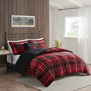 Woolrich Reversible Comforter Set Ultra Soft Plush to Sherpa, Down Alternative, Cold Weather Winter Warm Bedding, with Matching Sham, Decorative Pillow Red Plaid Full/Queen 4 Piece