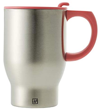 JVR Stainless Steel Auto Car Mug | Double Wall Vacuum Insulated Travel Mug | Tea, Hot Chocolate, Portable Coffee Mug | Splash-Proof, Keeps Hot or Cold Thermos Cup | 14 oz (390 ml) | Coral
