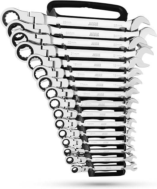 Jaeger 16pc MM/Metric Flex Head TIGHTSPOT Ratcheting Combination Wrench Set with Lock-in Rack - Metric Flexhead Master Set with Flexible Ratchet Speed Wrenches and A Lock-in Rack Case