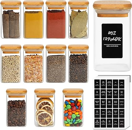 ComSaf 12 Pcs Glass Spice Jars with Bamboo Lids, 8oz/250ml Square Glass Storage Jars with 275 Black Lables, Airtight Spice Jars with Lids, Glass Container for Spice, Salt, Sugar, Seeds, Nuts etc