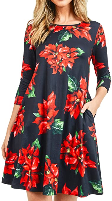 Women’s Printed Crew Neck A-Line Dresses with Pockets Casual Tropical Floral Novelty Animal Christmas Patterns