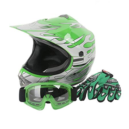 XFMT Youth Kids Motocross Offroad Street Dirt Bike Helmet Goggles Gloves Atv Mx Helmet Green Flame L