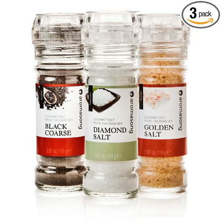 Aromasong Gourmet Dead Sea Salt in Refillable Grinders - 3-Piece Gift Sets - For Cooking & Finishing - The World's Best Salt (Garnishing-Basics)