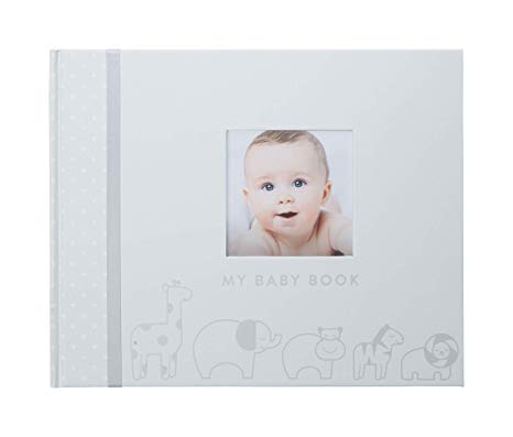 Pearhead Animals Baby Memory Book with Clean-Touch Baby Safe Ink Pad, Perfect Baby Shower Gift, Gray