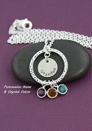 Personalized Eternity Necklace - DII - Grandma Gift - Mother's Day Children Grandkids - Handstamped Handmade Jewelry - 1, 1/2 Inch 25.4, 12MM Discs - Choose Birthstone Colors - Customize Name
