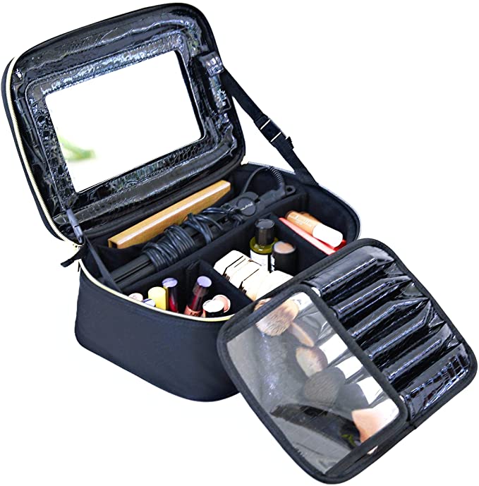 LARGE Travel Makeup Bag with Mirror and LIGHTS. Makeup Organizer with Adjustable Dividers Travel Cosmetic Organizer with LED LIGHTS.