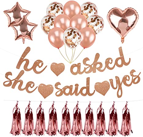 Rose Gold Bachelorette Party Decorations,He Asked She Said Yes Banner,Confetti Latex Balloons,Heart & Star Shaped Foil Balloon,Metallic Foil Tassel Garland for Wedding Bridal Shower Engagement Party