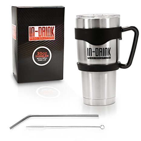 IN-DRINK Tumbler 30oz. Double Wall Vacuum Insulated with Anti-Slip Handle, Spill-Free Lid and Extra Wide Stainless Steel Straw (Cleaning brush included)