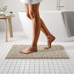 MAYSHINE Soft Plush Microfiber Bathroom Rug, Absorbent Machine Washable Chenille Bath Mat | Non-Slip Quick Dry Shag Carpet, Bath Essentials, Great for Shower, Bedroom, or Door Mat | 32"x20" Beige