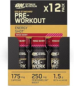 Optimum Nutrition Gold Standard Pre-Workout Energy Shot, Bevanda Energetica Ready To Drink con Beta Alanina, Caffeina, PerforMelon Boost e Vitamina B6 e B12, Gusto Frutti di Bosco, 12 x 60 ml