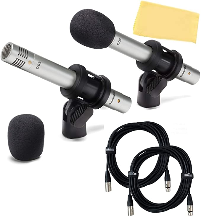 Samson C02 Pencil Condenser Microphone Bundle with Protective Carry Case, Shock-mounted Mic Clips, Windscreens, 2 XLR Cables, and Austin Bazaar Polishing Cloth