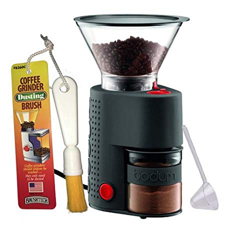 Bodum BISTRO Burr Grinder, Electronic Coffee Grinder with Continuously Adjustable Grind, Brushtech Coffee Grinder Dusting Brush & One-Tablespoon Plastic Clever Scoop Bundle (Black)