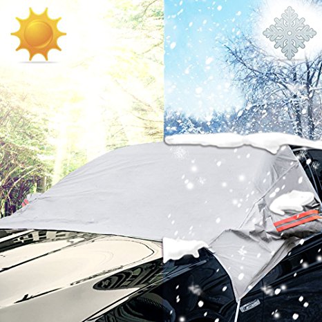 iZoeL Car Windscreen Cover Windshield Cover, Sunshade Ice and Frost Guard, Fits SUV Truck Car, With Side Wing Mirror Cover & Reflective Warning Bar & S-Hooks Cords