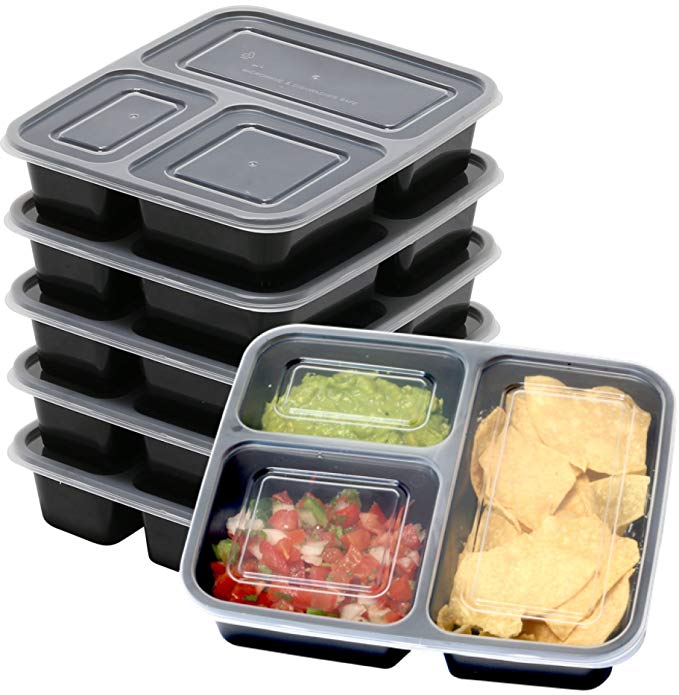 6 Pack - SimpleHouseware 3 Compartment Reusable Food Grade Meal Prep Storage Container Boxes (36 ounces)