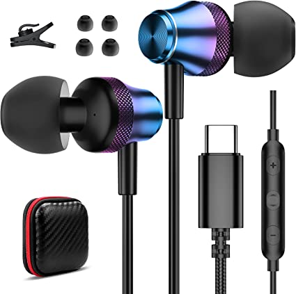 USB C Headphone, TITACUTE Wired Earbuds for Samsung A53 S22 S21 S20 FE Galaxy Z Flip Fold 4 in-Ear Noise Canceling Type C Earphone with Microphone for iPad Pro Air Mini Pixel 6 7 OnePlus 9 Purple Blue