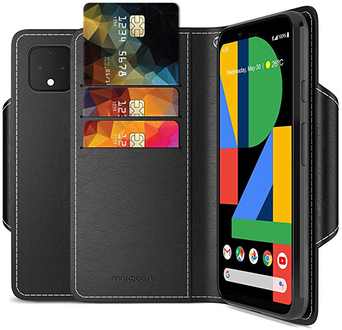 Maxboost mWallet Designed for Google Pixel 4 Case (2019, 5.7-inch) [Folio Cover] Premium PU Leather Credit Card Wallet Holder Compatible with Pixel 4 Flip Cover Side Pocket Magnetic Closure – Black