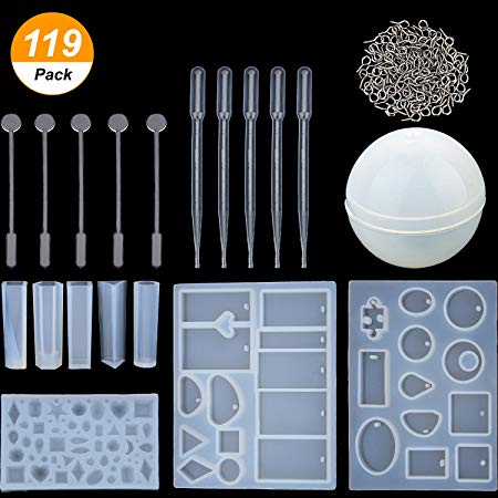 Mtlee 119 Pieces Jewelry Casting Molds and Tools Set, Include Assorted Styles Silicone Resin Molds, Stirrers, Droppers and Screw Eye Pins for DIY Jewelry Craft Making