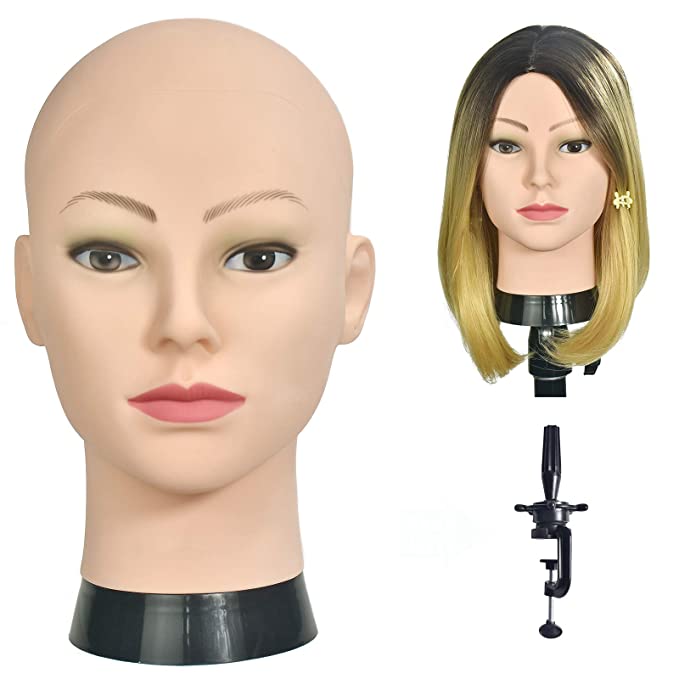 Ba Sha Bald Mannequin Head Beige Female Professional Cosmetology Manikin Doll head for Wigs Making Wig Display Hat Display Glasses Display with Free Clamp