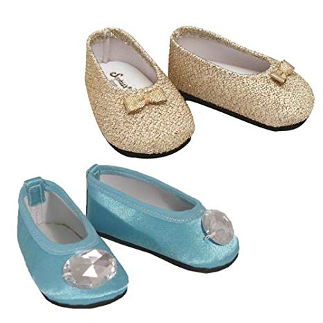 Turquoise Jeweled Flats & Gold Glitter Shoes, Fits 18" American Girl Dolls, 2 Pair Doll Shoes Set