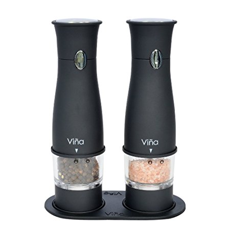 Vina Electric Salt and Pepper Grinder Set, Pack of 2 Battery Operated Pepper Mill with Stand LED Light Ceramic Adjustable Grinding Coarseness Black