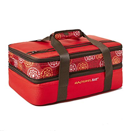 Rachael Ray Expandable Lasagna Lugger, Double Casserole Carrier for Potluck Parties, Picnics, Tailgates - Fits two 9"x13" Casserole Dishes, Red Floral Medallion