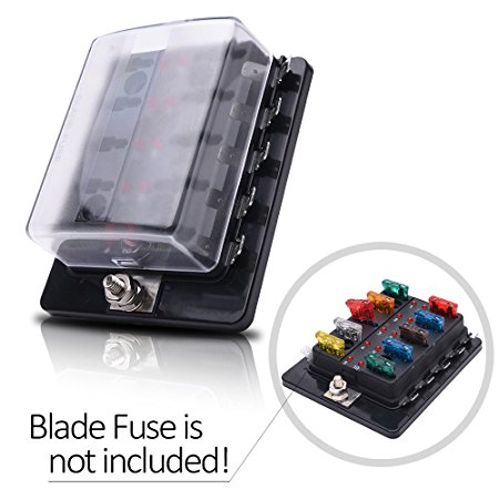 MICTUNING LED Illuminated Automotive Blade Fuse Holder Box 10-Circuit Fuse Block with Cover