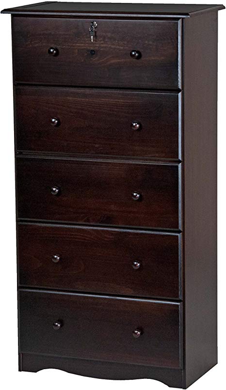 Palace Imports 100% Solid Wood 5-Super Jumbo Drawer Chest with Lock, Java Color, 32”w x 60”h x 17”d, Lock and Key Included. Metal Antique Brass Knobs Sold Separately. Requires Assembly