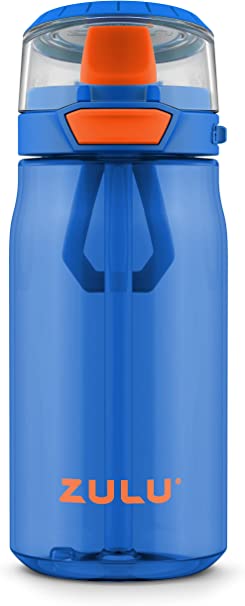 Zulu Kids Flex 16oz Tritan Plastic Water Bottle with Silicone Spout, Leak-Proof Locking Flip Lid and Soft Touch Carry Loop Blue/Orange