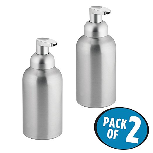 mDesign Rustproof Aluminum Foaming Soap Dispenser Pump, for Kitchen or Bathroom - Pack of 2, Brushed/Silver