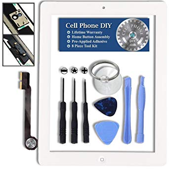 Cell Phone DIY White iPad 4 Digitizer Replacement Screen Front Touch Glass Assembly Replacement - Includes Home Button   Camera Holder   Pre-Installed Adhesive with Tools - Repair Kit