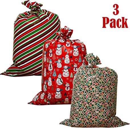 Kraft King Jumbo Gift Bag for Giant Gifts; 36" x 54" Christmas Prints; Pack of 3 Heavy Duty Bags (Candy, Stripes, Snowman, 36"x54")