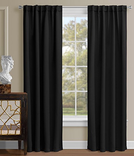 Luxury Homes Premium Quality Thermal Insulated Blackout Curtains With Back Tab / Rod Pocket - Set of 2 Panels - Free Matching Tiebacks Included Worth $9.99 Included (52W x 95L Inch, Black)