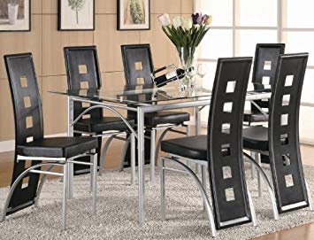 7pc Dining Set with Glass Top Metal legs Matte Silver Finish Black