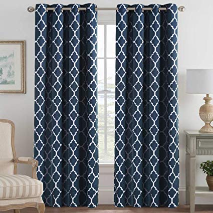 Home Decoration Window Treatment Thermal Insulated Blackout Living Room Curtains Kids Curtains for Bedroom Grommet Drapes and Curtains, Moroccan Tile Quatrefoil Navy, 2 Panels, W52 x L84 inch