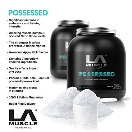 LA Muscle Possessed Pre-Workout supplement 500g. THE most powerful pre-workout supplement, Pharma Grade safe & natural gym formula for explosive workouts and no come-downs after, See its effects in just ONE DOSE. Amazing and refreshing Apple Kick Flavour. Instant and Easy Mixing for the Ultimate Energy Drink. Lifetime Guarantee, Risk Free Purchase
