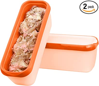 Ice Cream Containers – Pack of 2 Ice Cream Plastic Containers with lids, 1.5 Quarts, Reusable, with Non-slip Base (Orange)