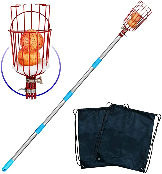 YOFIT Fruit Picker Basket with Cushion and 1.3-12 FT Telescopic Extension Pole, Twist-On Professional Metal Fruit Catcher Harvester with a Storage Bag, 13 FT Fruit Picking Tool for Any Kinds of Fruits